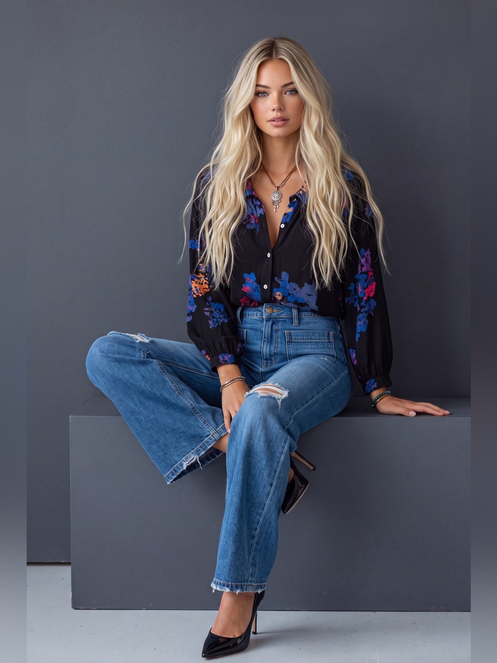 Free People Black Floral Button-Up Blouse with Blue, Purple & Orange Accents